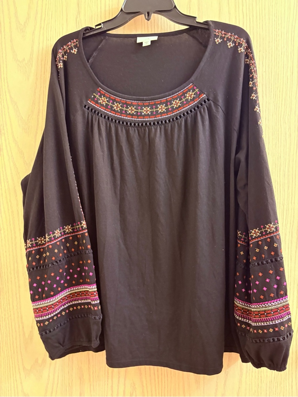 J. Jill Black Long-Sleeve Embroidered Peasant Top with Pink and Cream Accents